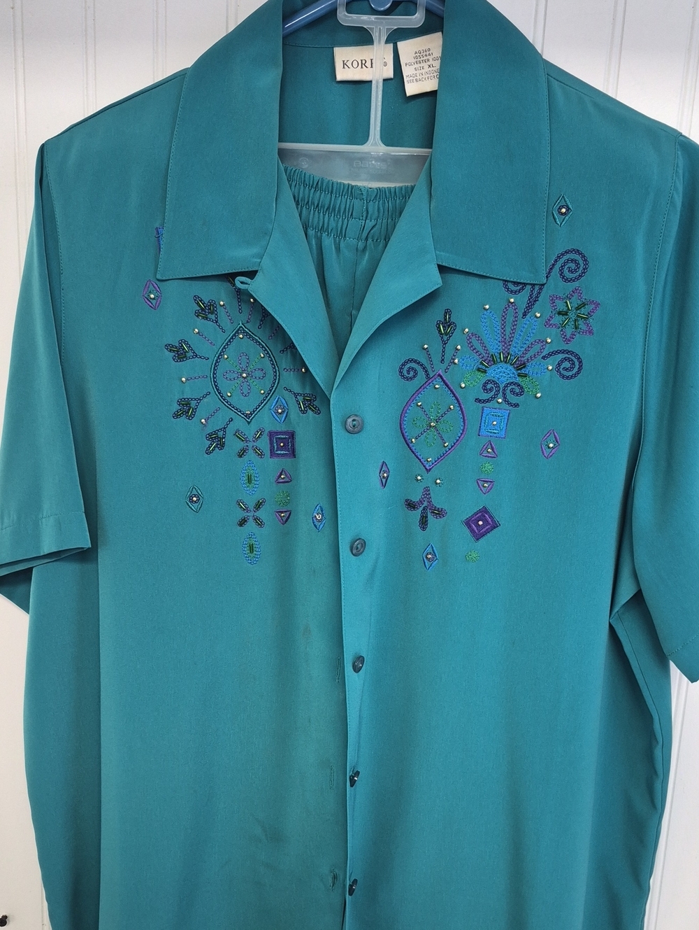 1001- Kori Teal Embroidered Short-Sleeve Button-Front Shirt